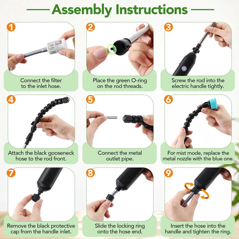 Guide for assembling Cordless Rechargeable High Reach Plant Waterer with Telescoping Wand and Dual Nozzles