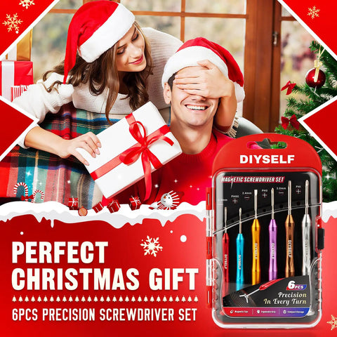Magnetic Mini Screwdriver Set Six Piece Precision Kit With PH00 PH0 PH1 2.0mm 2.4mm 3.0mm Bits shown in holiday gift scene