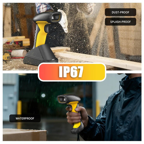 Industrial Bluetooth Barcode Scanner With Charging Dock, Wireless 2D And 1D Barcode Reader, showcased in dusty and wet environments, IP67 rated.