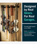 Beefy Heavy Duty Ski Rack Wall Mount Holds Up To 16 Pairs Of Skis, Space Saving Steel Wall Organizer for a garage setting.