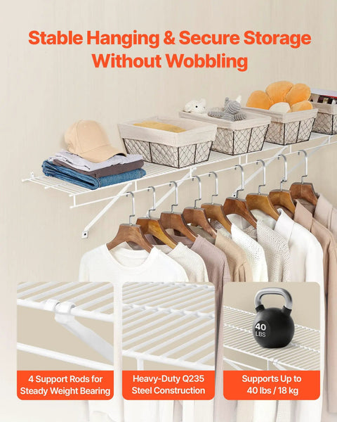 Heavy Duty Carbon Steel Wall Mounted Wire Shelf Kit Set Of 2 with hats and clothing, supporting 40 lbs, features 4 support rods.