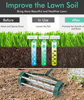 Infographic of lawn improvement steps with Rolling Lawn Aerator 18 Inch Rotary Push Tine Spike Soil Aerator for Garden Yard use
