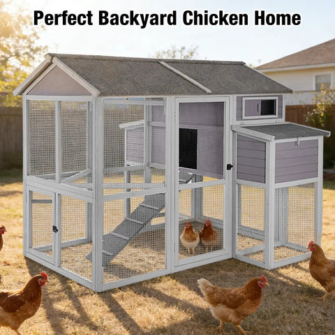Large Backyard Chicken And Duck Coop With Run For 8 To 10 Birds Wooden Hen House with ramp, nesting box, and mesh walls outdoors