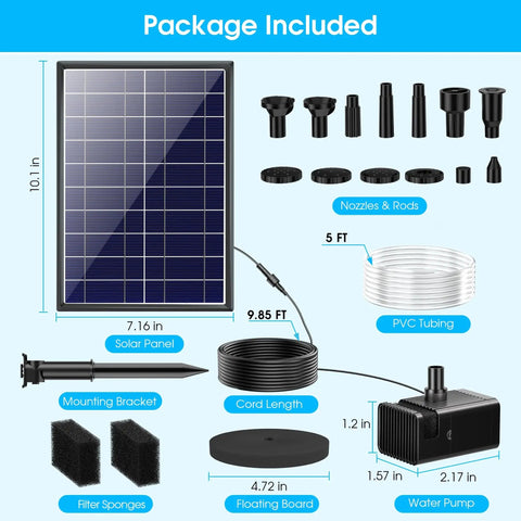 8W Solar Fountain Pump With 3600mAh Battery Backup For All Day Operation, 5 ft tubing, 5 nozzles, shown with included components