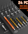 24-piece drill and driver bit kit from 20V Cordless Drill Set for Home DIY, includes various drill and socket bits displayed.