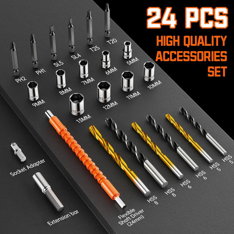 24-piece drill and driver bit kit from 20V Cordless Drill Set for Home DIY, includes various drill and socket bits displayed.