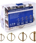 30 Piece Heavy Duty Lynch Pin Assortment Kit With Zinc Plated Steel Pins Includes 4 Sizes For Tractors Trailers Trucks Lawn Mowers And Trolleys Self Locking Ring Prevents Vibration Universal Fit For Farm Implements, shown in clear storage box.