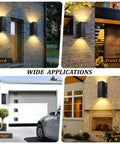 Outdoor Dimmable Wall Lights 2 Pack Dope Led Up Down Square Design 12W 2700K Warm White Waterproof Aluminum Exterior Fixtures For Porch Patio Garage Garden Matte Black Finish installed on various exteriors.