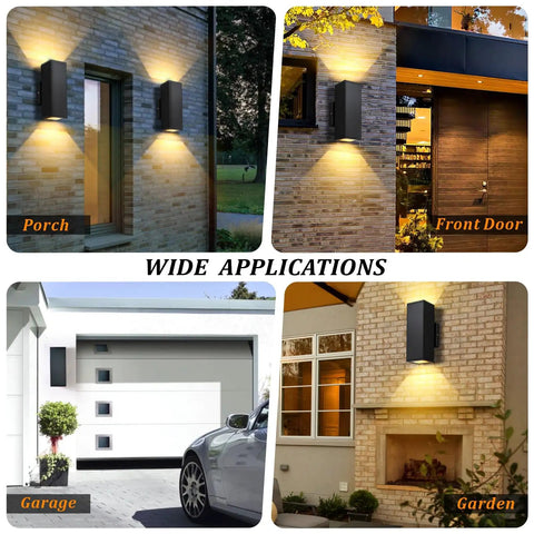 Outdoor Dimmable Wall Lights 2 Pack Dope Led Up Down Square Design 12W 2700K Warm White Waterproof Aluminum Exterior Fixtures For Porch Patio Garage Garden Matte Black Finish installed on various exteriors.