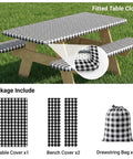 Buffalo Plaid Picnic Table Cover Set With Bench Covers For 6 Foot Tables Waterproof Elastic Fitted Tablecloth Outdoor Ready Washable Black And White 30 By 72 Inch Tablecloth And Two 12 By 72 Inch Bench Covers with drawstring bag, shown on a picnic table.