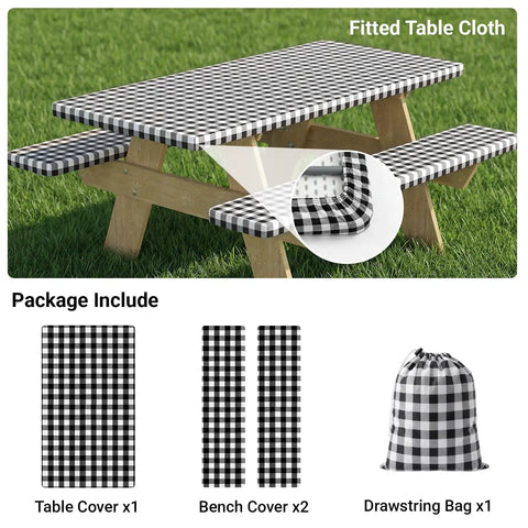 Buffalo Plaid Picnic Table Cover Set With Bench Covers For 6 Foot Tables Waterproof Elastic Fitted Tablecloth Outdoor Ready Washable Black And White 30 By 72 Inch Tablecloth And Two 12 By 72 Inch Bench Covers with drawstring bag, shown on a picnic table.
