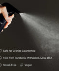 Luxurious All Purpose Cleaner With Doheny Drive Scent spray in action, showing no parabens and safe for granite countertops