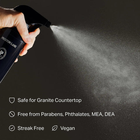 Luxurious All Purpose Cleaner With Doheny Drive Scent spray in action, showing no parabens and safe for granite countertops
