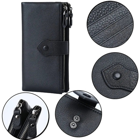 Women's Soft Leather RFID Blocking Bifold Slim Wallet With Double Zipper Pockets 17 Card Slots And ID Window For Everyday Carry Black
