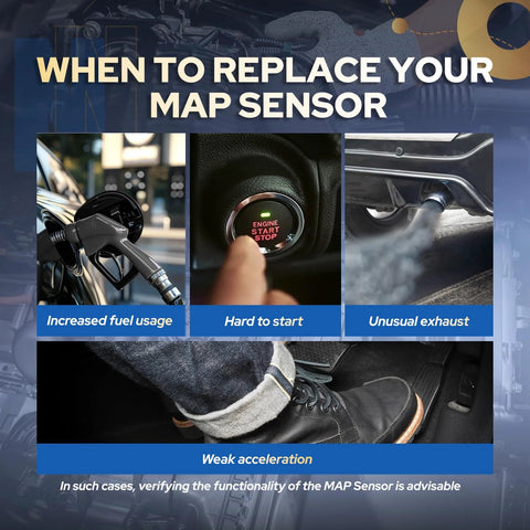 Image showing symptoms of a faulty MAP Sensor: increased fuel usage, hard to start, unusual exhaust, and weak acceleration.