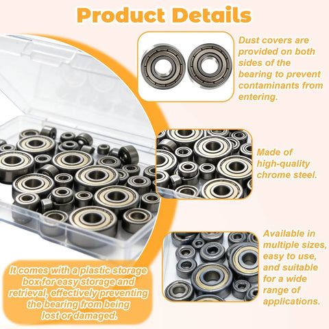 60 Piece Ball Bearings Kit Including 693ZZ 623ZZ 624ZZ 685ZZ 687ZZ 627ZZ Six Sizes With Double Metal Sealed Shielded Carbon Steel Deep Groove Bearings And Pro Grade Handy Storage Box For Your Motor Projects, chrome steel bearings in plastic box