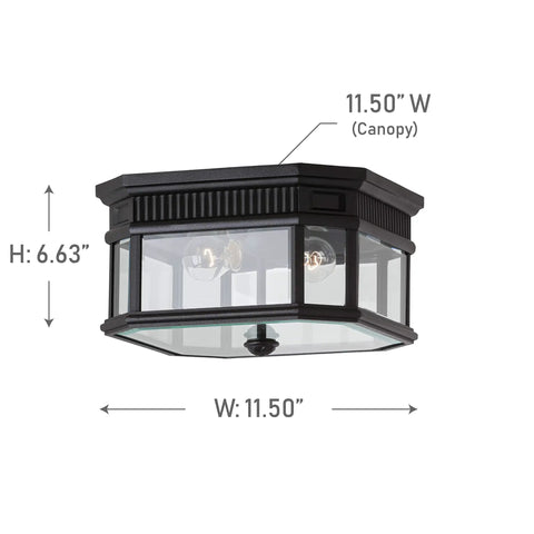 Cotswold Lane Two Light Outdoor Flush Mount in Black Finish, Traditional Style Aluminum Fixture with Clear Beveled Glass, 11.5" W