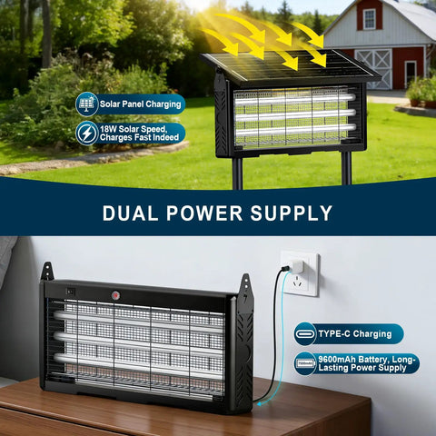Image of Solar USB C Bug Zapper Outdoor Mosquito Trap with 9600mAh battery and IPX5 waterproof design placed outdoors and indoors.