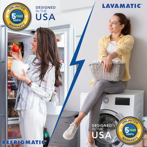 Two In One Voltage And Surge Protector Pack For Fridge And Washer To Stop High And Low Voltage Brownouts And Spikes Keeping Your Appliances Safe And Running Smoothly. Woman in kitchen by fridge and washer with laundry.