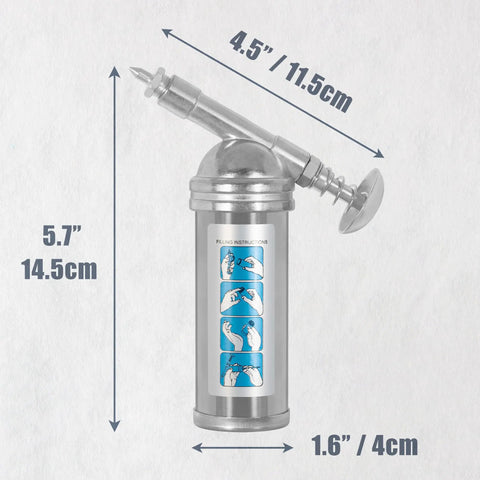 Mini Grease Gun Injector 80cc 3 Oz One Hand Operation with needle nozzle and pistol grip, shown with dimensions