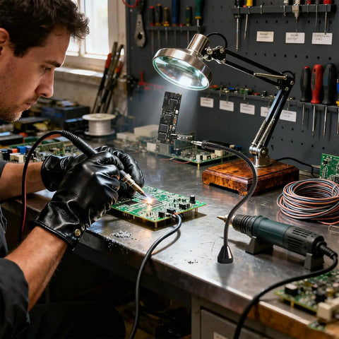 Man using Magnetic Helping Hands Soldering Tool with Four Flexible Gooseneck Clamps and Magnetic Base for PCB repair.