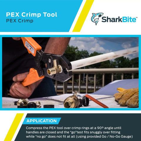 Using Half Inch To Three Quarter Inch PEX Crimp Tool With Dual Head And Orange Handles to crimp copper rings on tubing.