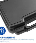 Hardcore Plastic Toolbox With Smooth Detachable Tray Tool Organizer Packs All Your Metal Fasteners And Construction Parts Away Neatly Strong Grip Hauls It To Any Job Site, showing a close-up of the black hard case and handle.