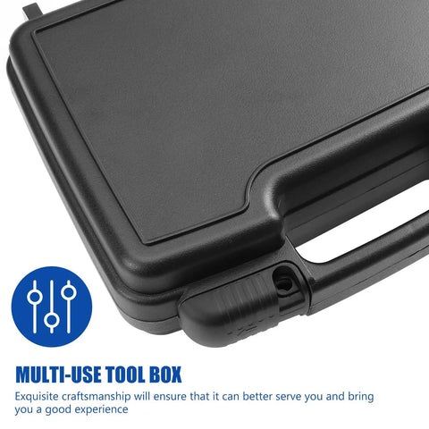 Hardcore Plastic Toolbox With Smooth Detachable Tray Tool Organizer Packs All Your Metal Fasteners And Construction Parts Away Neatly Strong Grip Hauls It To Any Job Site, showing a close-up of the black hard case and handle.
