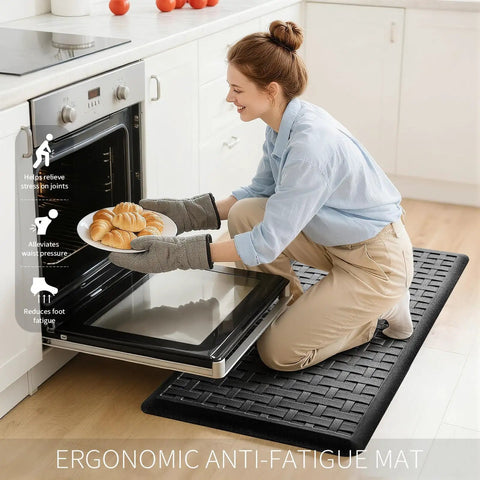 2-Piece Cushioned Anti-Fatigue Kitchen Mats for Floor Waterproof Non-Slip Comfort Standing Rugs Built for Long Kitchen Shifts in Black 17.3x28 Inches Each