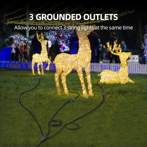Outdoor Extension Cord With 1 To 3 Splitter Outlets, 25 Ft Waterproof Power Cord With Safety Cover, 16 AWG, ETL Listed, Ideal For Christmas Lights And Decorations, Durable Outdoor Grade Cord For Weatherproof Use installed with light-up reindeer decorations.