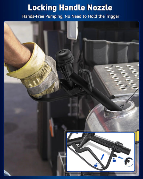 Pro Grade 12V 200W Diesel And Kerosene Electric Fuel Transfer Pump Kit with nozzle and hoses shown in use