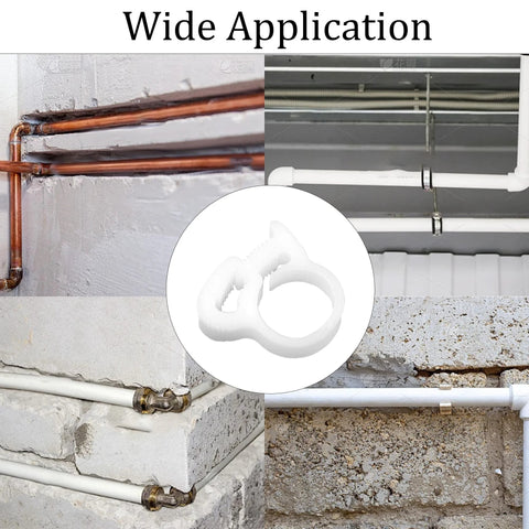 Thirty Pcs Double Gripping Nylon Hose Clamps Designed For Three Eighth Inch Tubing Range From Nine Point One To Nine Point Six Millimeter Snap Grip Plastic Clamps In White Heavy Duty Adjustable Ratcheting Clamps For Plumbing And Automotive Use showing various applications including plumbing.