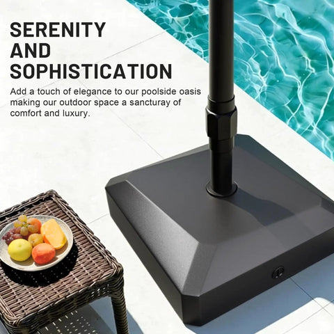 Mobile Umbrella Base With Four Wheels Heavy Duty Outdoor Stand For Patio Use Lockable Wheels by poolside with fruit basket on table