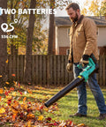 Person using Powerful Cordless Leaf Blower Delivers 550 CFM And 130 MPH For Wet Leaves And Heavy Duty Outdoor Cleanup in backyard