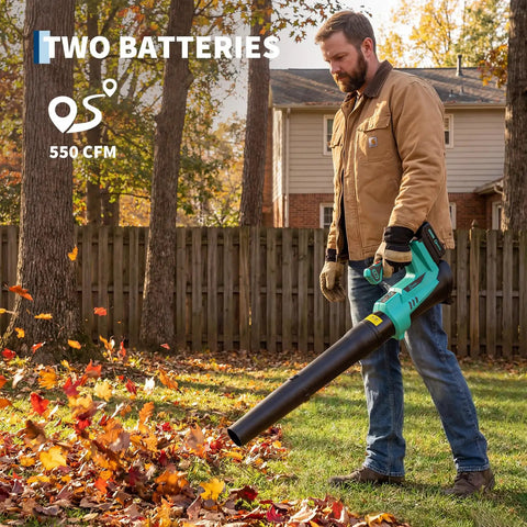 Person using Powerful Cordless Leaf Blower Delivers 550 CFM And 130 MPH For Wet Leaves And Heavy Duty Outdoor Cleanup in backyard