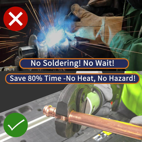 Comparison of welding and hydraulic press tool use with 3/4 Inch Copper Press Fittings Coupling With Stop Zero Lead P To P, 10 Pack For Plumbing.