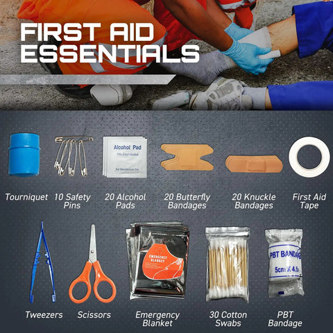 All-In-One 175-Piece Survival Kit With First Aid for Outdoor Adventures and Emergencies, displaying first aid essentials.