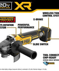 Badass 20V Max Xr Brushless Cordless Angle Grinder with anti-rotation system and slide switch for metal cutting.