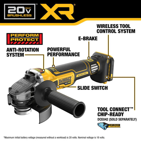 Badass 20V Max Xr Brushless Cordless Angle Grinder with anti-rotation system and slide switch for metal cutting.