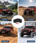 Cool Covertify Heavy Duty Winch Cover With Buckle, 600D Oxford Fabric Waterproof Protection For Off Road Trucks And Jeeps shown in outdoor settings.