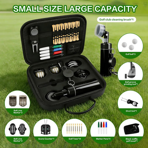 All In One Golf Accessories Kit With Towel Club Brush Groove Cleaner Golf Balls Tees Score Counter Ball Line Marker Divot Repair Tool And Color Ball Markers A Sweet Gift For Real Men Golfers displayed with tools inside open case