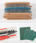 Massive 1900Pcs Electronics Component Kit Bundle With LED Diodes Resistors Capacitors Transistors DC Jacks Ceramic And Electrolytic Caps PCBs And Speaker Parts For All Your DIY Electronics Projects showing resistors, diodes, and PCBs.
