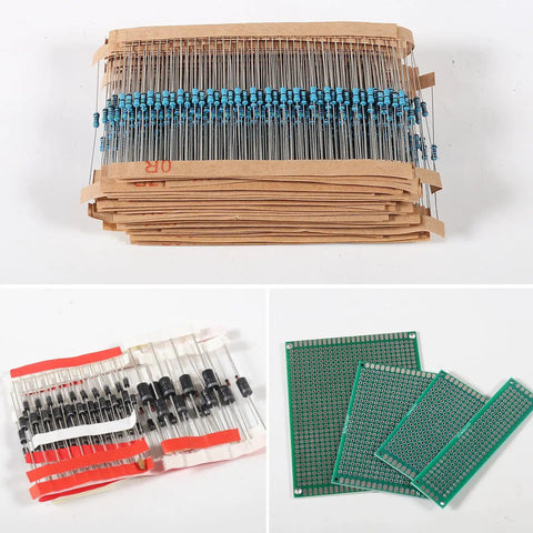 Massive 1900 Piece Electronics Component Kit for DIY Projects Featuring LEDs Resistors Capacitors Transistors DC Jacks PCBs and Speaker Parts, showcasing resistors, PCBs, and diodes.