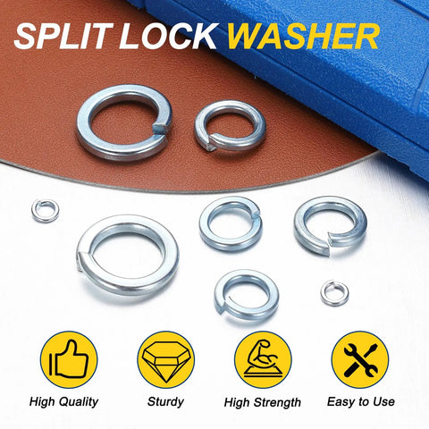 Size 10 Split Lock Washers Set, 100 Count, Heavy Duty Carbon Steel Zinc Plated Spring Locking Rings shown on a table.