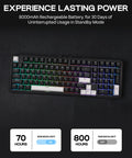 Tri Mode Wireless Mechanical Keyboard Pumping Out Power From A Massive Eight Thousand Mah Battery And Delivering Butter Smooth Typing For Weekend Warriors And Tech Junkies, top view with RGB lighting.