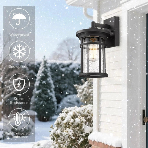 Black Outdoor Wall Light Fixture Seeded Glass Modern Farmhouse Exterior Lantern with snow and icon features.