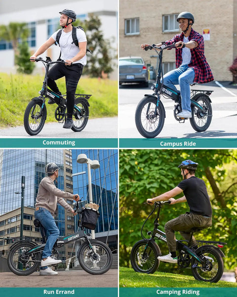 People riding Foldable 20 Inch Electric Bike With 48V Battery in various settings: commuting, campus, errands, camping.