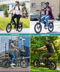 People riding foldable electric bike with 20 inch wheels for daily commutes and city cruising 40 mile range 48V battery