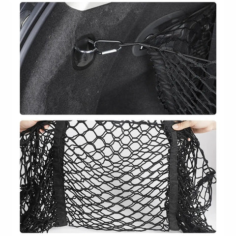 Hammock Style Three Compartment Cargo Net Made For Tesla Cybertruck 2024 Plus showing attachment clips and mesh fabric details.