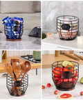 Large Capacity Black Wire Coffee Pod Holder With Wooden Base, Modern Basket Style with snacks and utensils on kitchen counter